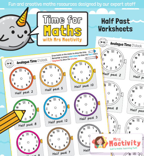 Mrs Mactivity: Die Uhr lesen - Uhranzeigen zur halben Stunde (sw/in Farbe)