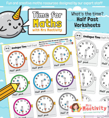 Mrs Mactivity: Die Uhr lesen - Ablesen zur halben Stunde (sw/in Farbe)
