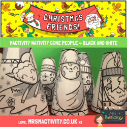 Mrs Mactivity: Die Geburt Christi - Kegelspielzeug s/w